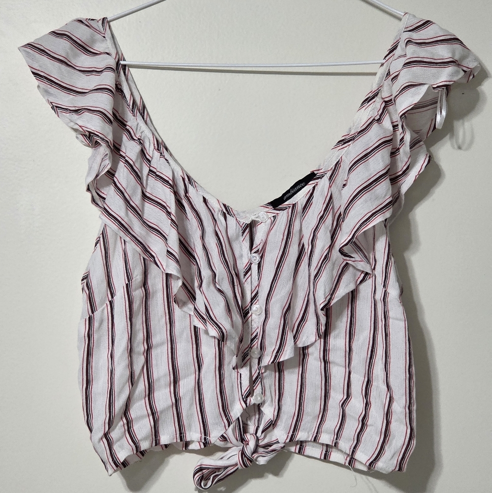 Ambiance White Striped (Red/Black) Ruffled Shoulder Tie-Front Crop Top Sz Small